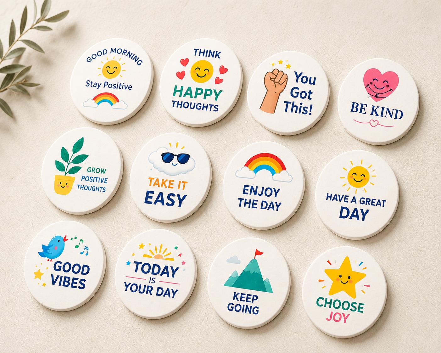 Set of 12 edible latte toppers with positive vibe messages, 2-inch gluten-free vegan wafer paper circles designed to float on coffee foam. Perfect for lattes, cappuccinos, and hot drinks, featuring minimalist designs and uplifting quotes. Ideal for brunch, cafés, coffee bars, and events. Easy to use, food-safe, and mess-free, creating Instagram-worthy coffee art and adding a cheerful, stylish touch to every drink.