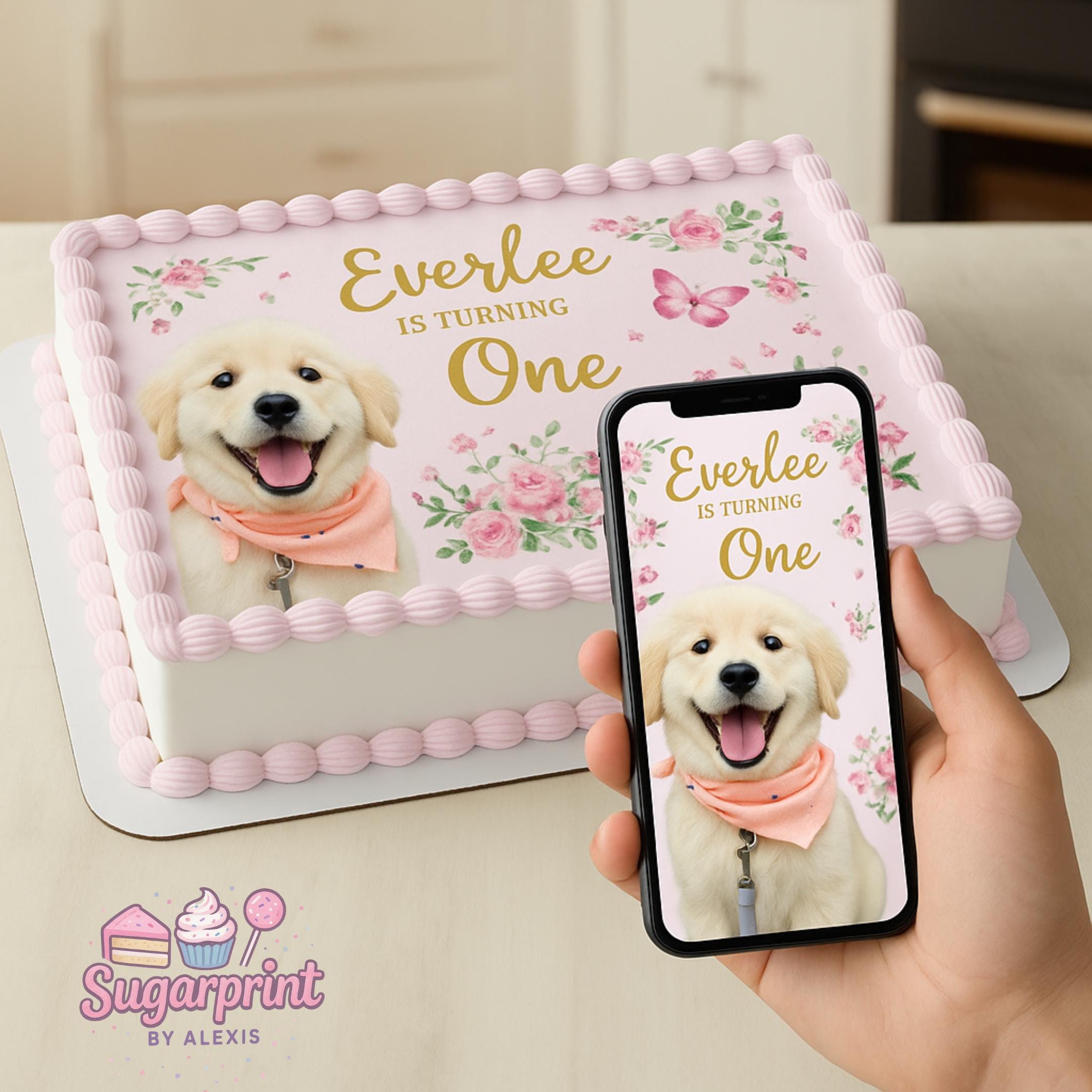 Custom pet photo edible cake topper printed on frosting sheet or wafer paper, featuring a personalized image of a dog or cat for cake decoration. Designed for pet birthdays, memorials, and special occasions, this topper uses food-safe edible colors to create a vibrant and detailed design. Easy to apply on cakes, it adds a meaningful and unique touch, turning desserts into personalized tributes for pet lovers and celebrations.