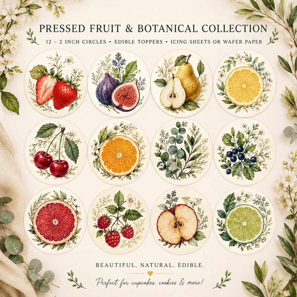 Set of 12 pressed fruit and botanical edible cupcake toppers featuring watercolor strawberries, figs, pears, citrus slices, cherries, berries, and greenery on 2-inch precut circles available in icing sheets or wafer paper.