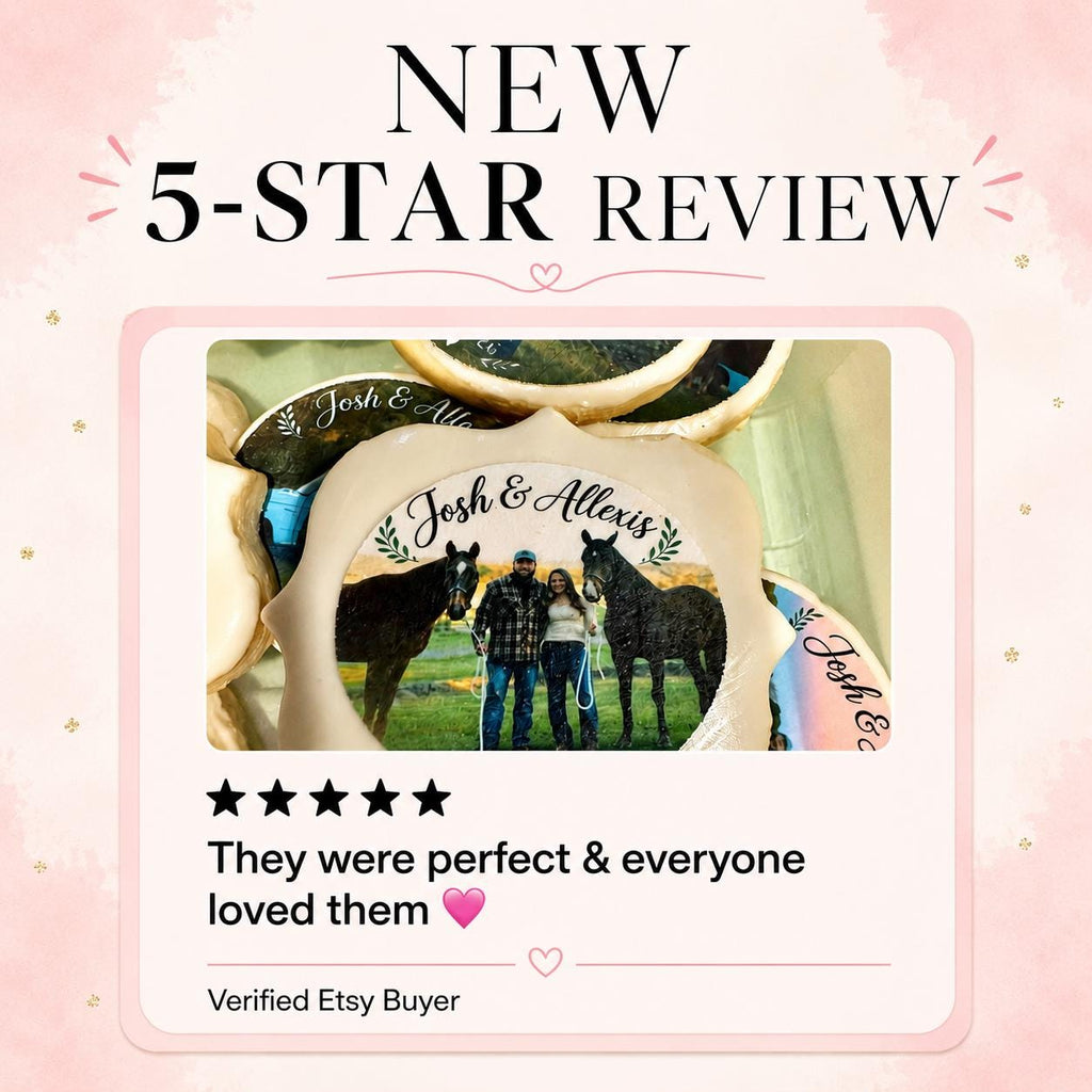 New five star review. SugarPrints by Alexis. Custom wedding photo edible cookie toppers printed on icing sheets, featuring personalized images for wedding or engagement celebrations. These edible circles are designed to be placed on cookies, cake pops, and desserts, adding a unique and meaningful touch to party favors and dessert tables. Made with food-safe ink, they offer vibrant and clear photo details, perfect for DIY baking projects, weddings, bridal showers, and special occasions