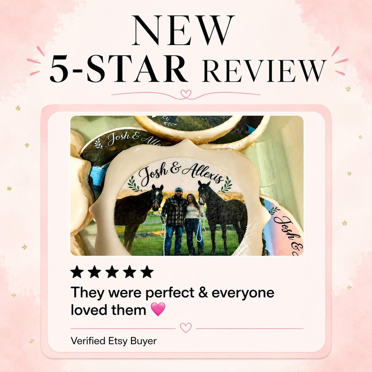 New five star review. SugarPrints by Alexis. Custom wedding photo edible cookie toppers printed on icing sheets, featuring personalized images for wedding or engagement celebrations. These edible circles are designed to be placed on cookies, cake pops, and desserts, adding a unique and meaningful touch to party favors and dessert tables. Made with food-safe ink, they offer vibrant and clear photo details, perfect for DIY baking projects, weddings, bridal showers, and special occasions