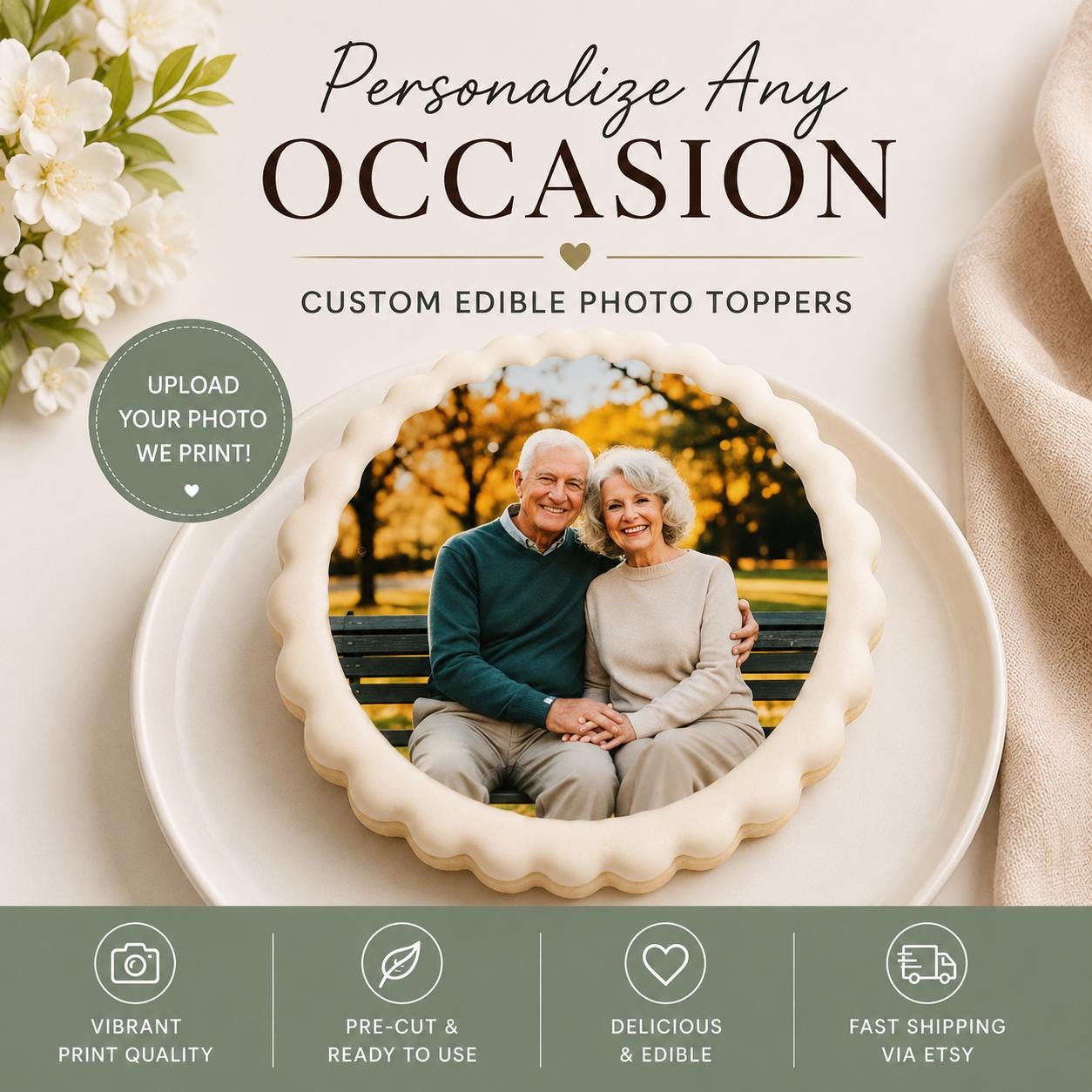 Custom wedding photo edible cookie toppers printed on icing sheets, featuring personalized images for wedding or engagement celebrations. These edible circles are designed to be placed on cookies, cake pops, and desserts, adding a unique and meaningful touch to party favors and dessert tables. Made with food-safe ink, they offer vibrant and clear photo details, perfect for DIY baking projects, weddings, bridal showers, and special occasions