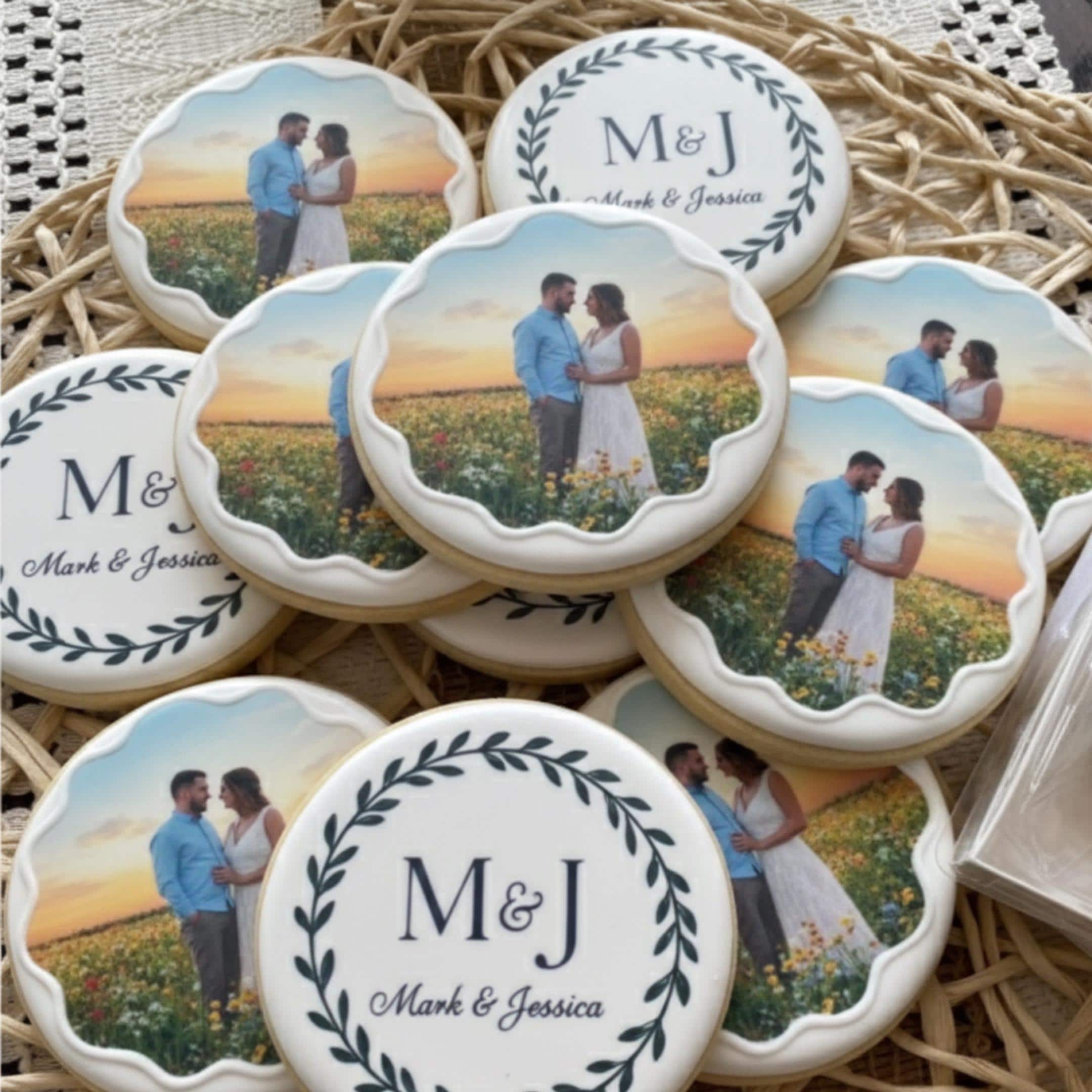 Custom wedding photo edible cookie toppers printed on icing sheets, featuring personalized images for wedding or engagement celebrations. These edible circles are designed to be placed on cookies, cake pops, and desserts, adding a unique and meaningful touch to party favors and dessert tables. Made with food-safe ink, they offer vibrant and clear photo details, perfect for DIY baking projects, weddings, bridal showers, and special occasions