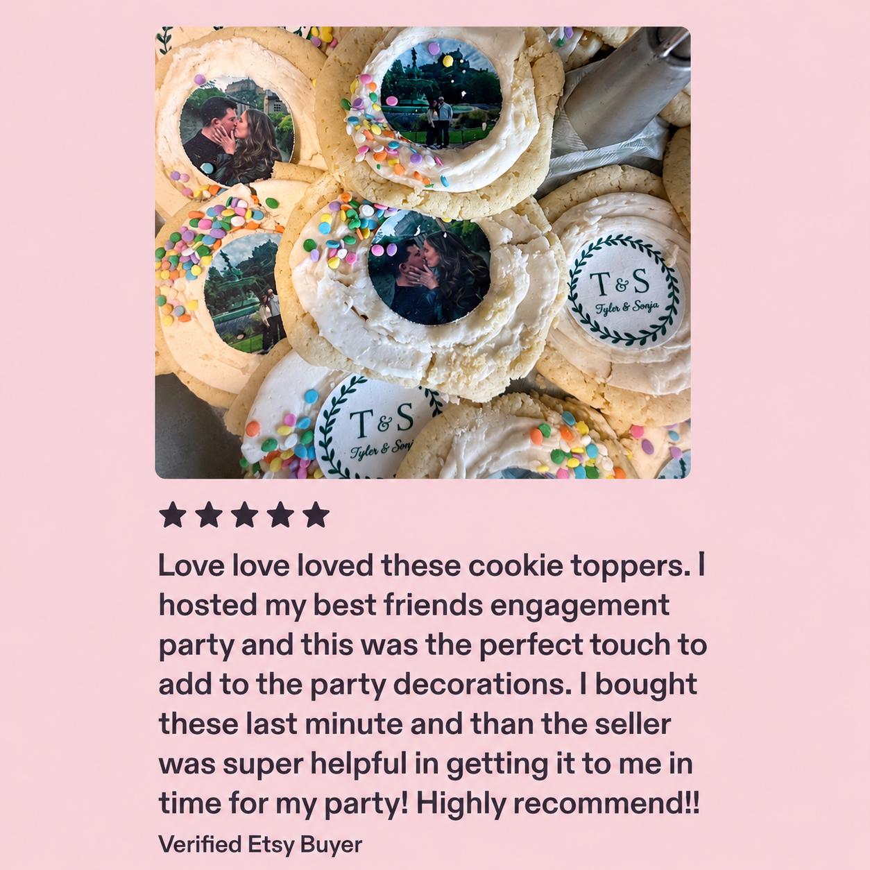 Custom wedding photo edible cookie toppers printed on icing sheets, featuring personalized images for wedding or engagement celebrations. These edible circles are designed to be placed on cookies, cake pops, and desserts, adding a unique and meaningful touch to party favors and dessert tables. Made with food-safe ink, they offer vibrant and clear photo details, perfect for DIY baking projects, weddings, bridal showers, and special occasions