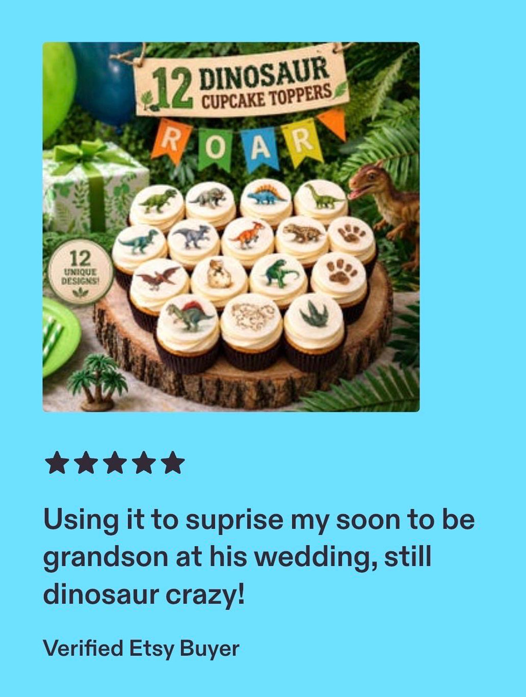 Set of 12 edible dinosaur cupcake toppers, 2-inch pre-cut circles with watercolor prehistoric dinosaur designs, perfect for birthday parties, Jurassic-themed baby showers, museum celebrations, first birthdays, and “Two-Rex” parties. Printed on wafer paper or icing sheets, vegetarian-friendly, gluten-free, easy to place on cupcakes, cookies, or desserts. Adds playful, modern, neutral-toned charm for kids and adult parties