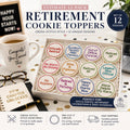 Set of 12 funny retirement cupcake toppers with colorful designs from SugarPrints by Alexis, ideal for celebrating retirement parties.