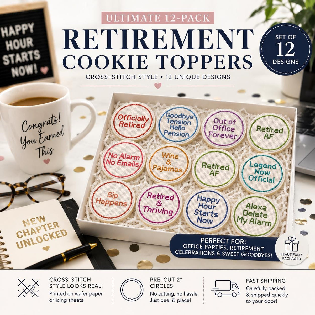 Set of 12 funny retirement-themed cupcake toppers made of edible wafer paper by SugarPrints for party decorating.