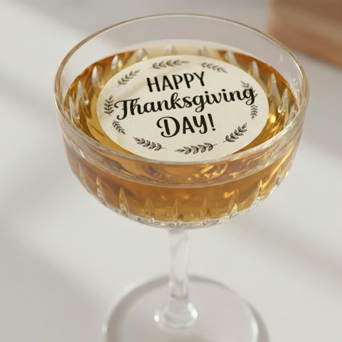 Edible wafer paper Thanksgiving drink topper with fall leaves and festive designs, perfect for Friendsgiving cocktails.
