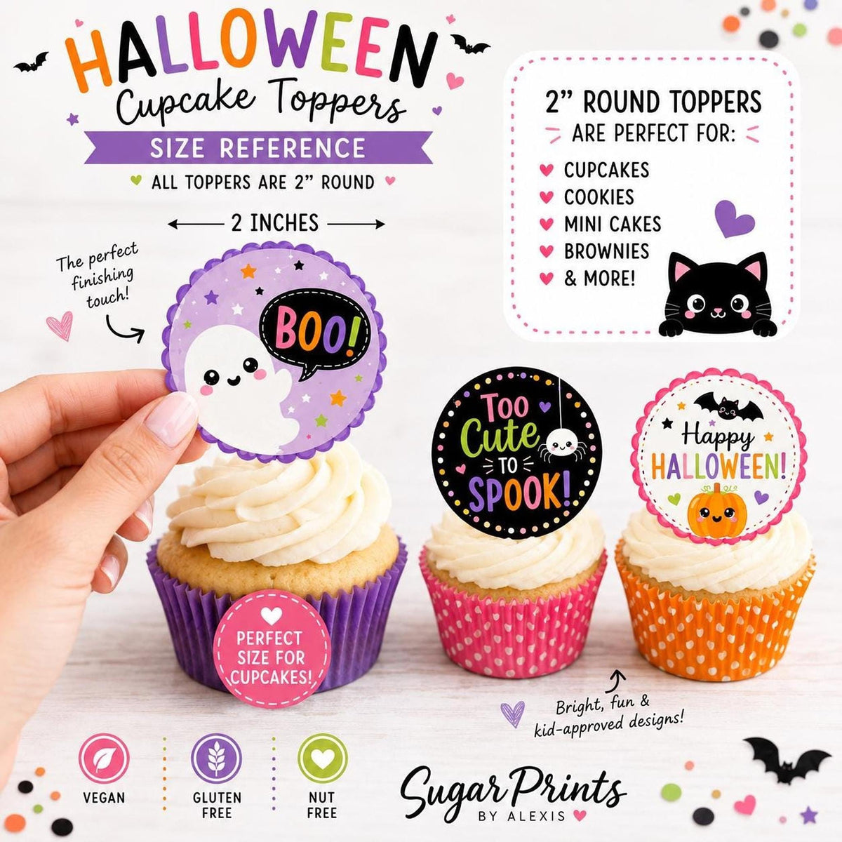 Set of 12 edible Halloween cupcake toppers featuring cute ghost designs by SugarPrints for kids' party cakes.