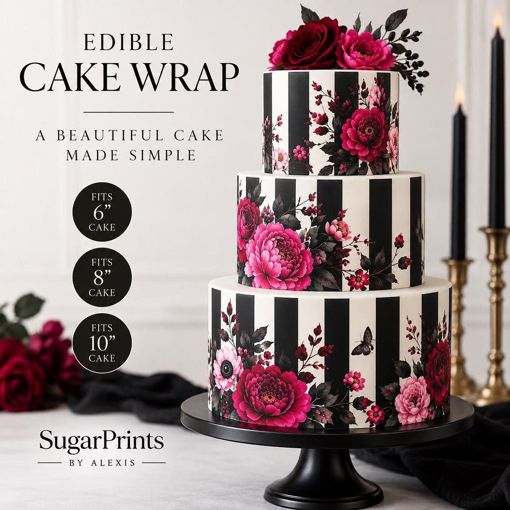 Gothic floral edible cake decor icing sheet wrap by SugarPrints, suitable for 6, 8, or 10 inch cakes, with intricate floral design.