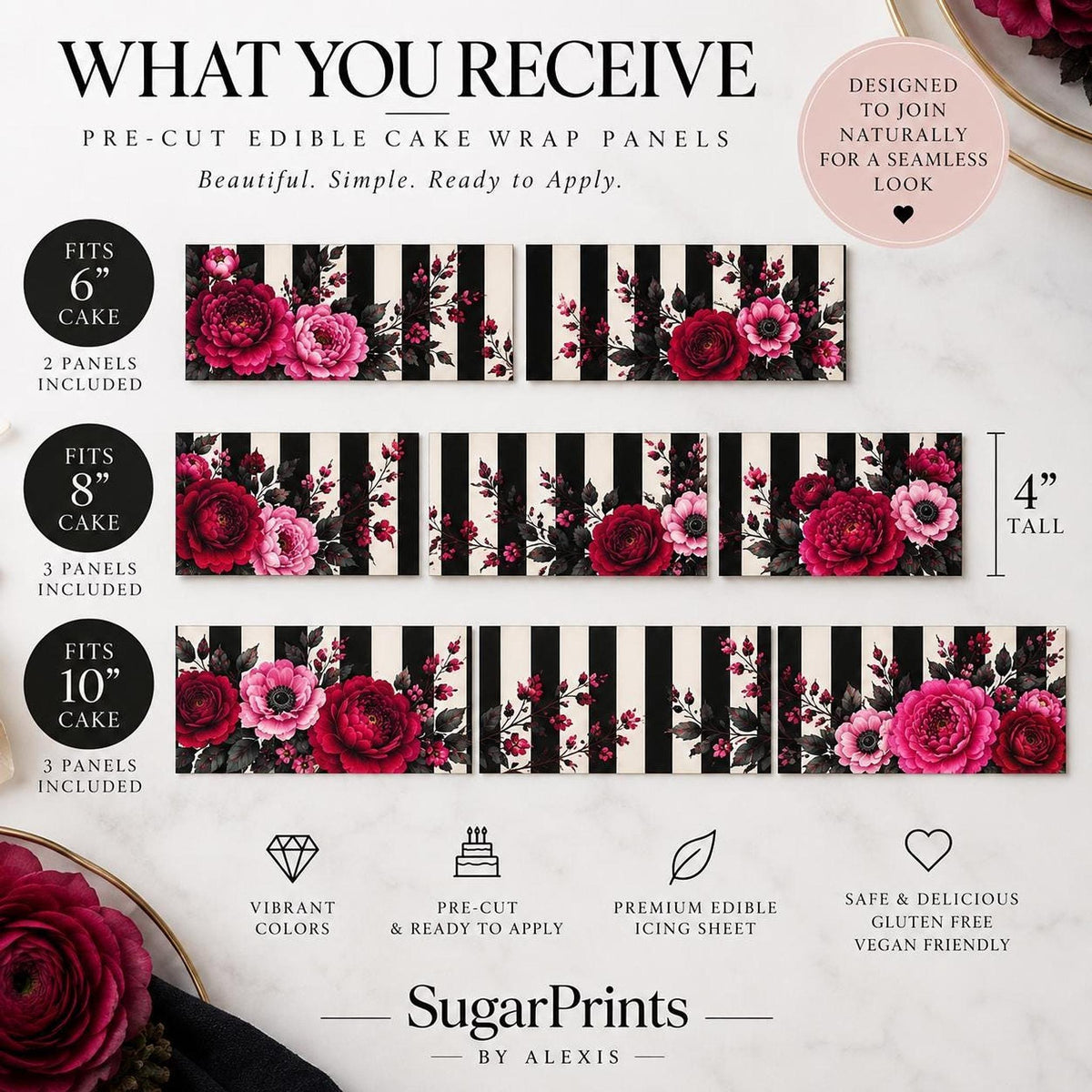 Gothic floral edible cake decor icing sheet wrap by SugarPrints for 6, 8, or 10 inch cakes with detailed floral design.