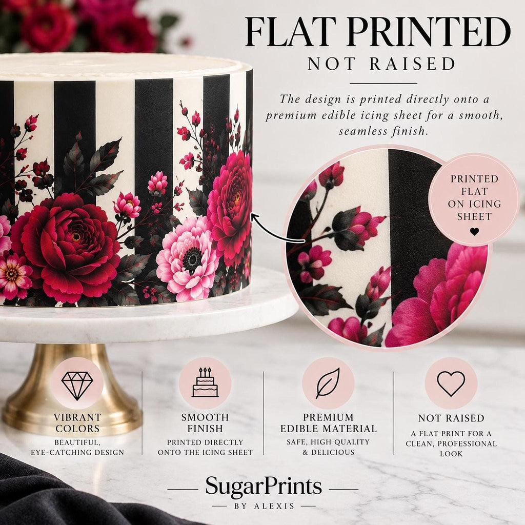 Gothic floral edible cake decor icing sheet wrap by SugarPrints for 6, 8, or 10 inch cakes with intricate floral design.