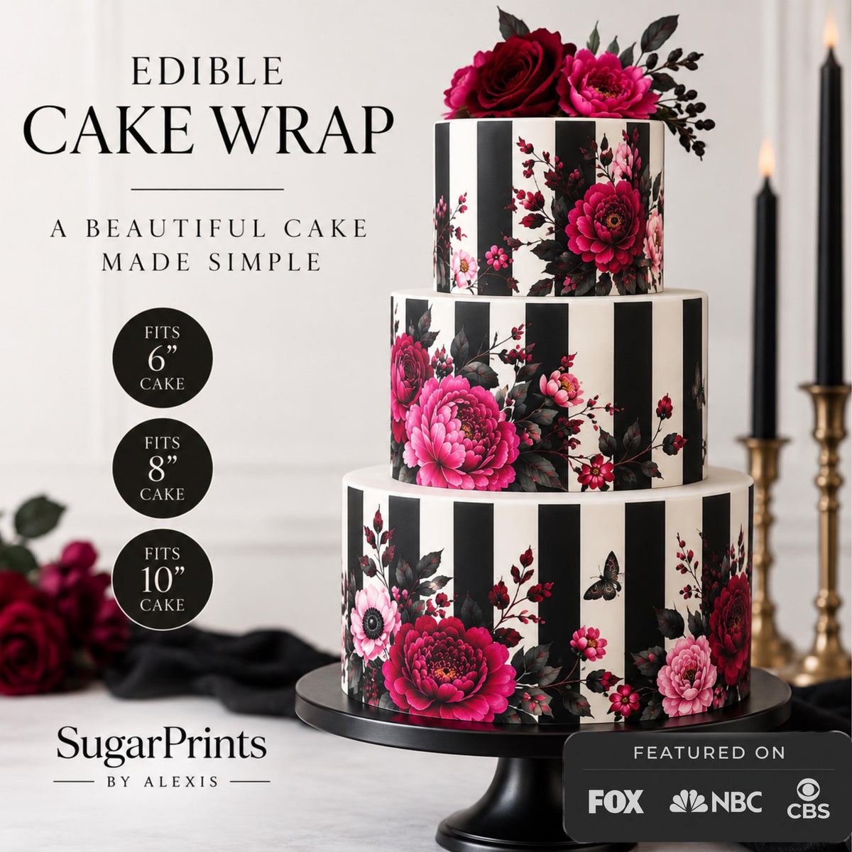 Gothic floral edible cake decor icing sheet wrap by SugarPrints for 6, 8, or 10-inch cakes featuring intricate floral designs.