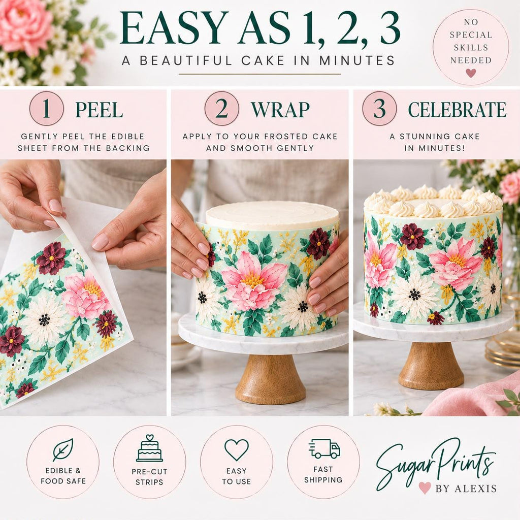Decorative floral edible cake wrap by SugarPrints for garden or birthday cake decoration, featuring colorful flower icing sheet design.