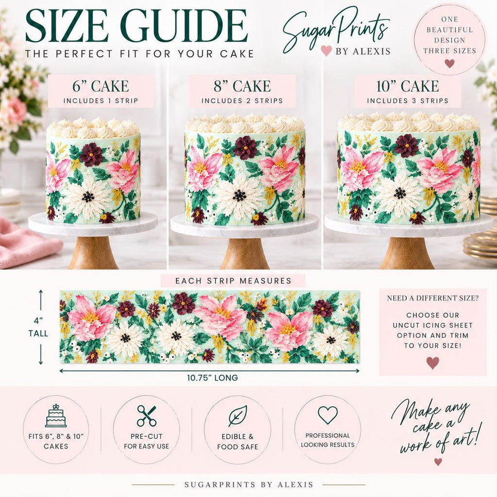 Floral edible cake wrap with colorful flower design by SugarPrints for birthday cake decoration and garden-themed cake decor