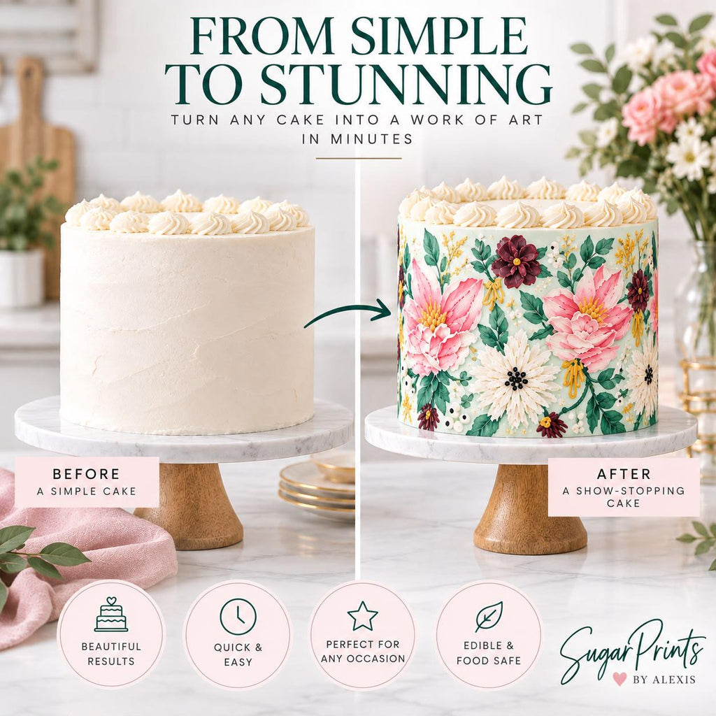 Floral edible cake wrap with colorful flower icing design, perfect for birthday cake decoration by SugarPrints by Alexis