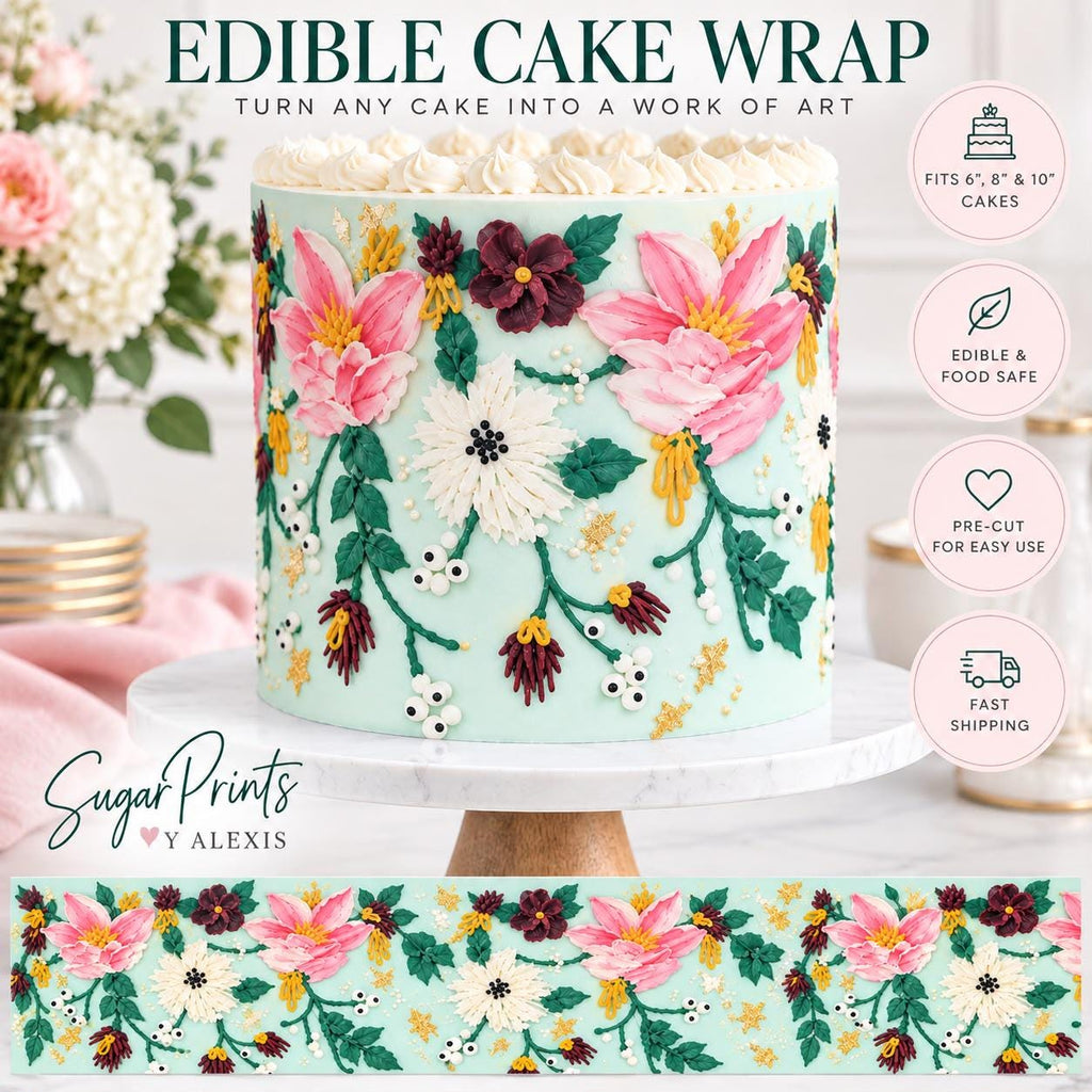 Floral edible cake wrap with colorful flower icing design for garden-themed birthday cake decoration by SugarPrints by Alexis.