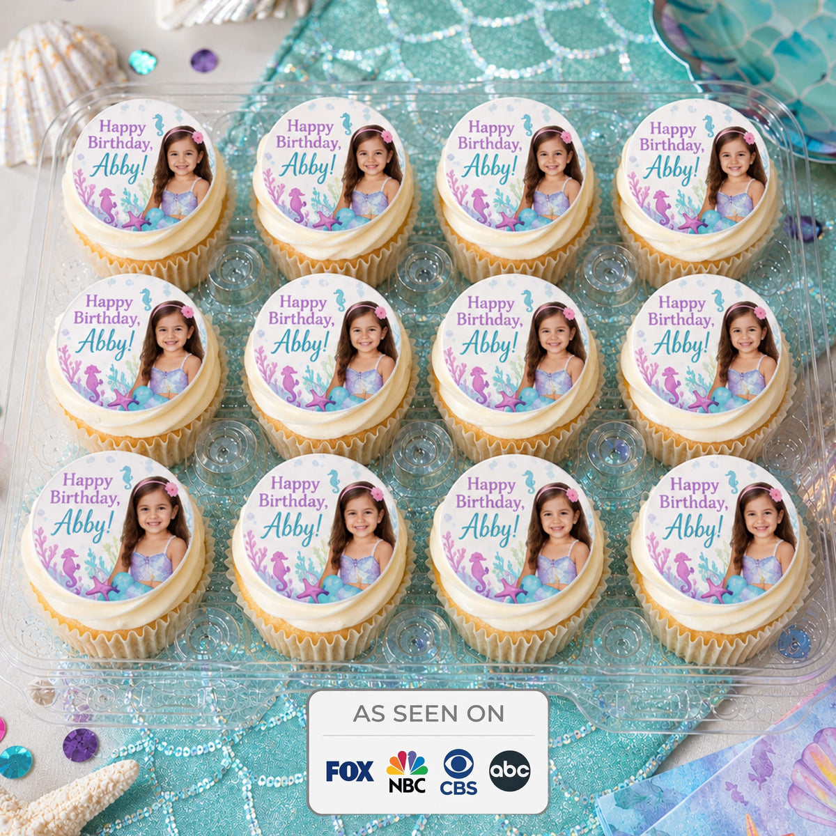 Custom edible icing sheet cupcake topper from SugarPrints by Alexis, featuring personalized photo design on a decorative sheet.