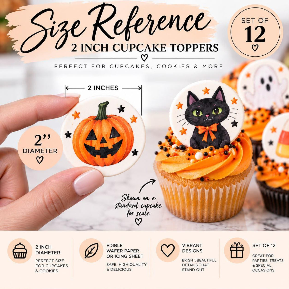 HALLOWEEN Cupcake Toppers set of 12: GHOST PUMPKIN Black Cat, Edible Wafer Paper Icing Sheet Party Decor