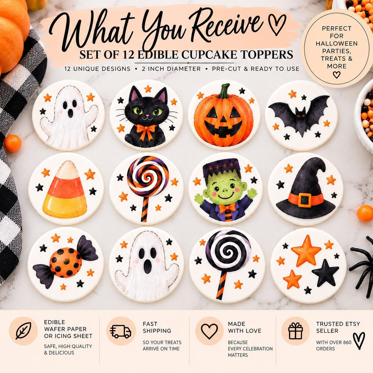 HALLOWEEN Cupcake Toppers set of 12: GHOST PUMPKIN Black Cat, Edible Wafer Paper Icing Sheet Party Decor