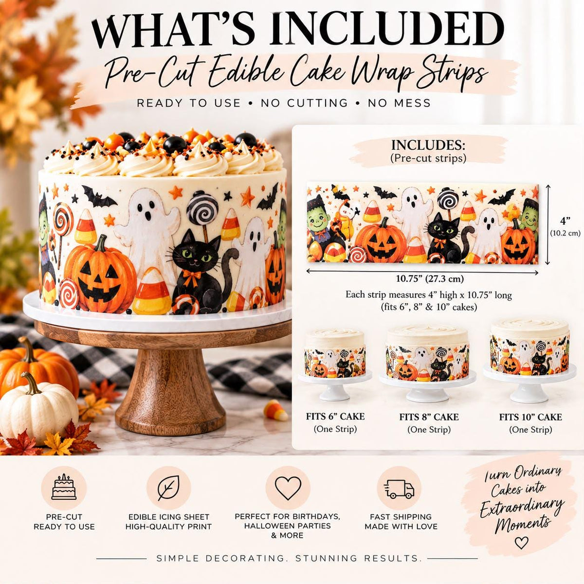 HALLOWEEN Cupcake Toppers set of 12: GHOST PUMPKIN Black Cat, Edible Wafer Paper Icing Sheet Party Decor