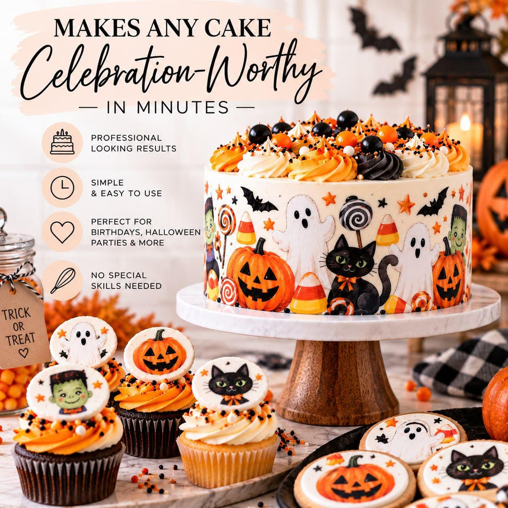 HALLOWEEN Cupcake Toppers set of 12: GHOST PUMPKIN Black Cat, Edible Wafer Paper Icing Sheet Party Decor