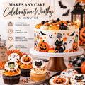Edible Halloween cake decorating set with 12 pre-cut cupcake toppers and matching cake wrap featuring playful ghosts, pumpkins, black cats, bats, candy corn, witch hats, lollipops, stars and sweets. Colorful watercolor-style designs create a coordinated spooky dessert display for Halloween cakes, cupcakes, birthdays, classroom parties, bakeries and seasonal celebrations.