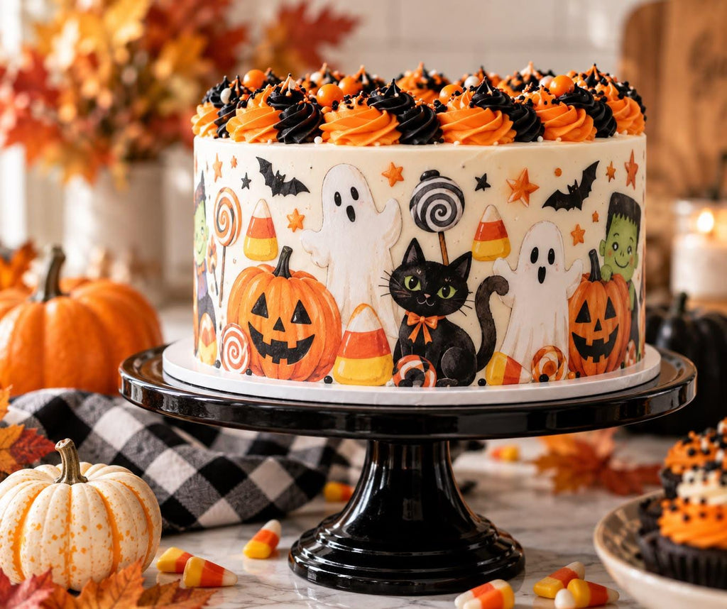 Edible Halloween cake wrap featuring colorful ghosts, jack-o’-lantern pumpkins, black cats, bats, candy corn, Halloween lollipops, stars, and spooky sweets. Pre-cut 4” x 10.75” icing sheet strips designed for 6”, 8”, and 10” cakes. Fun cake border decoration for Halloween birthdays, kids’ parties, school events, fall celebrations, bakery cakes, and spooky dessert tables.