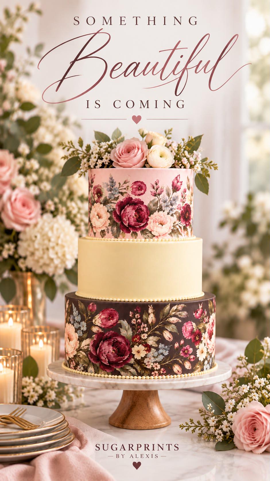 Edible tiered cake wrap set featuring blush pink floral, pale buttercream yellow, and deep cocoa botanical designs. Pre-cut icing sheet wraps are shown for 6, 8, and 10 inch round cakes, creating an elegant coordinated look for weddings, bridal showers, birthdays, anniversaries, and special celebrations. Easy cake decor with floral botanical patterns.