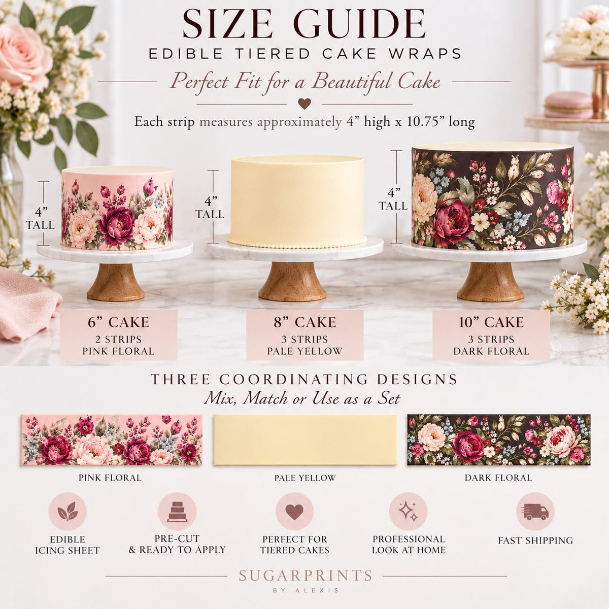 Wildflower TIERED Cake Wrap Set: Edible FLORAL Icing Sheet, Wedding Decor, BOTANICAL Design