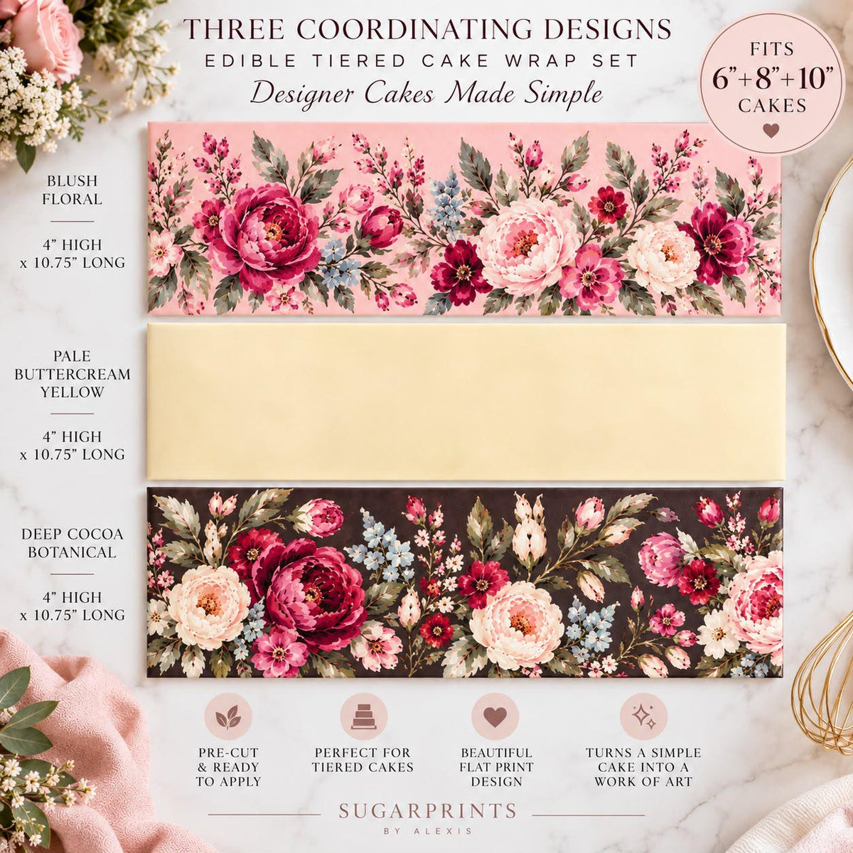 Wildflower TIERED Cake Wrap Set: Edible FLORAL Icing Sheet, Wedding Decor, BOTANICAL Design