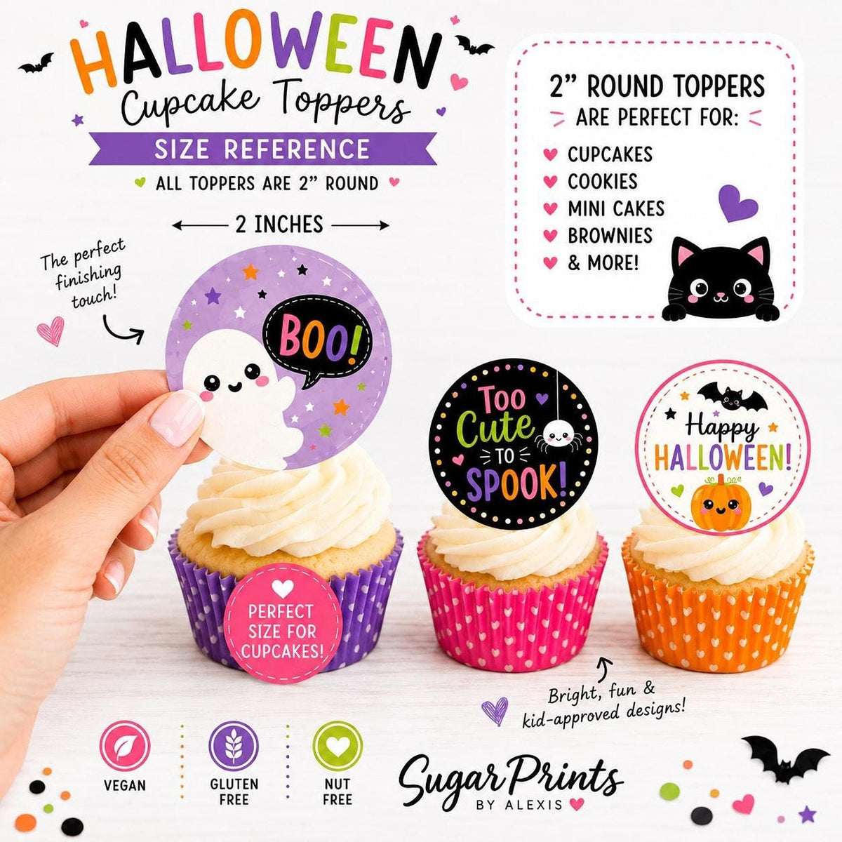 Set of 12 edible Halloween cupcake toppers featuring cute ghost designs for kids' parties by SugarPrints.