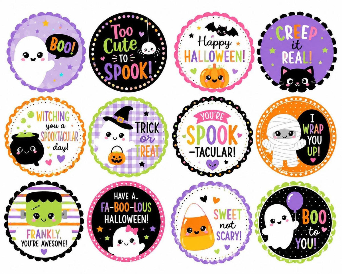 Set of 12 edible Halloween cupcake toppers featuring cute ghost designs, perfect for kids' Halloween party cakes.
