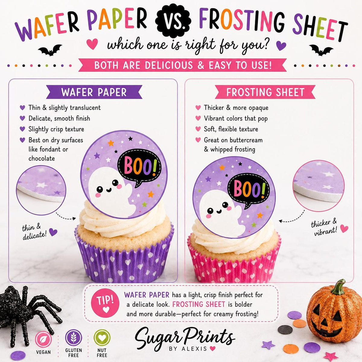 Set of 12 edible Halloween cupcake toppers featuring cute ghost designs for kids' parties, from SugarPrints by Alexis.
