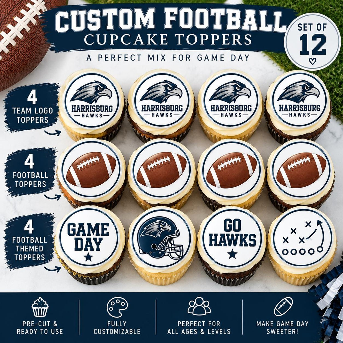 custom football cupcake toppers with the team name or logo, four footballs and 4 game day designs