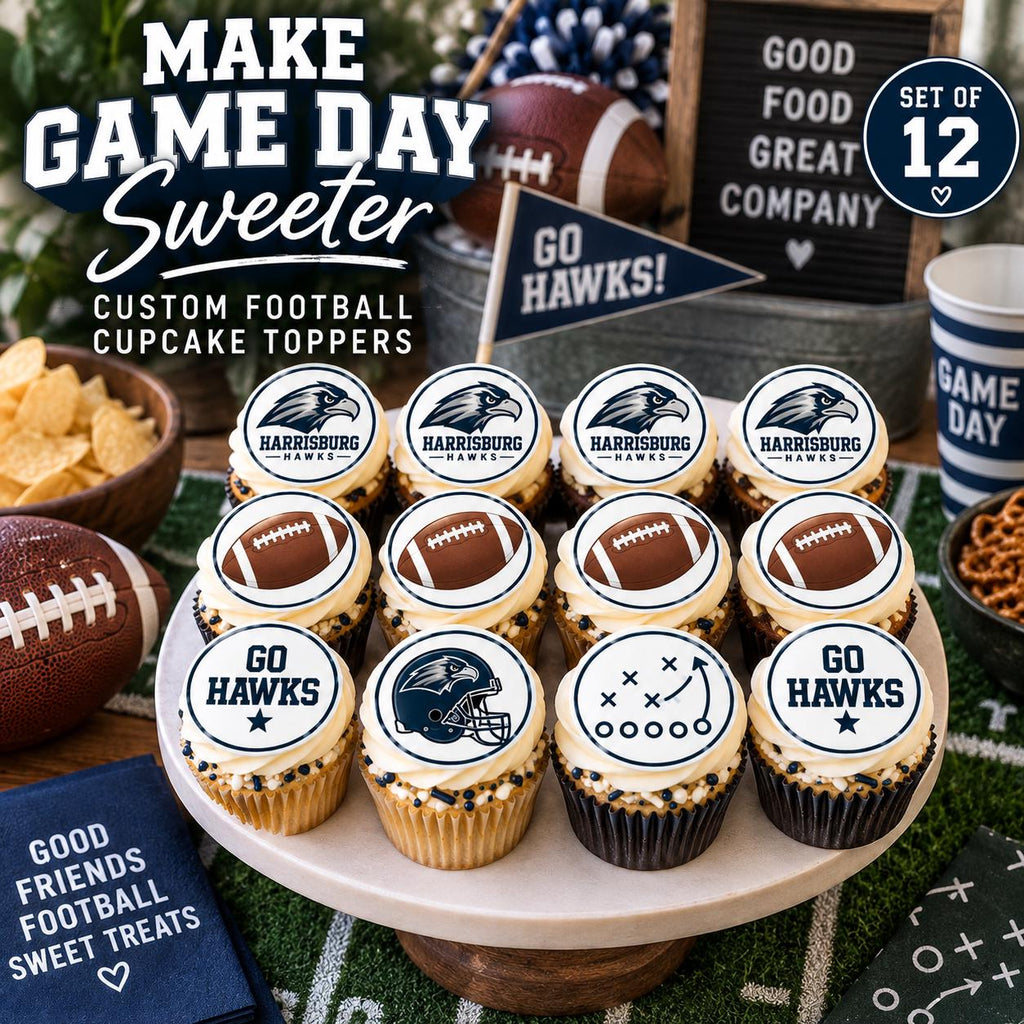 make game day special with custom edible football cupcake toppers. your team design