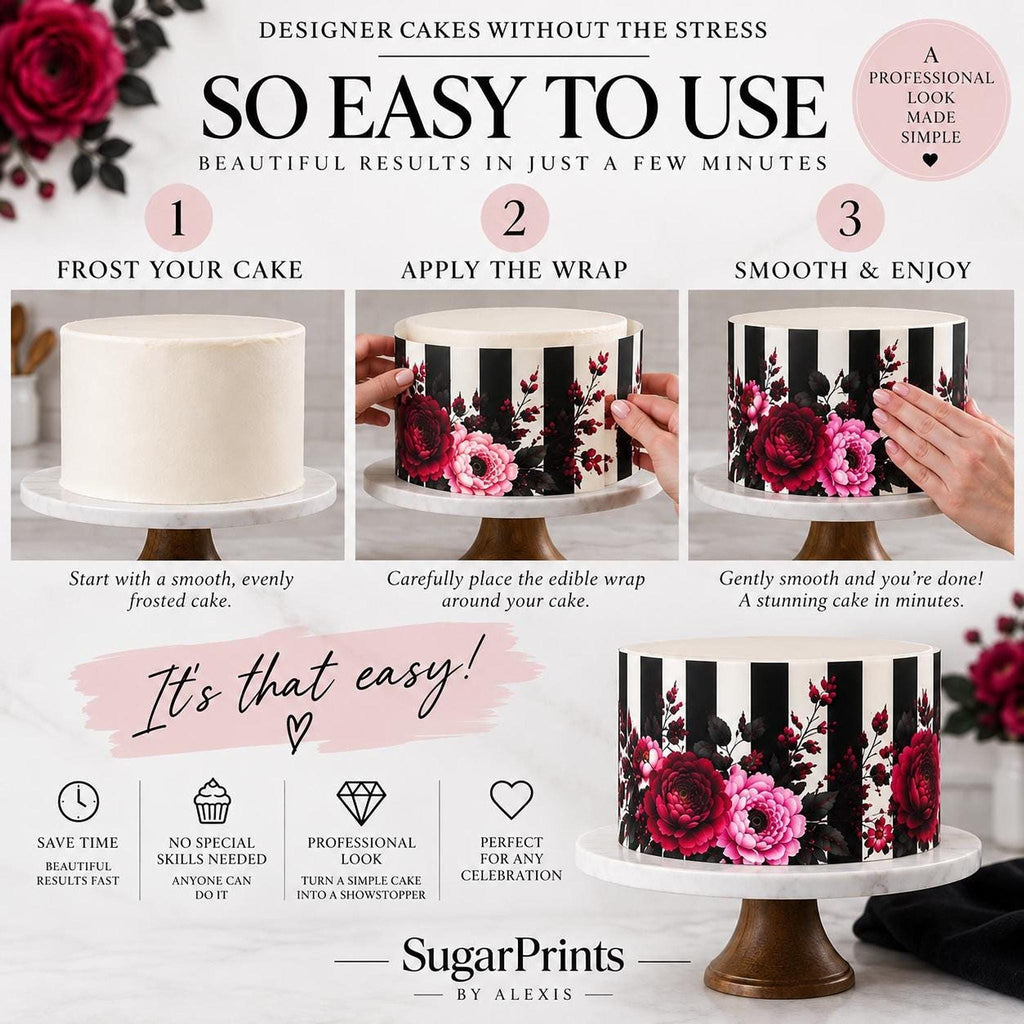 Gothic floral edible cake decor icing sheet wrap in 6, 8, or 10 inch sizes by SugarPrints by Alexis for cake decorating.