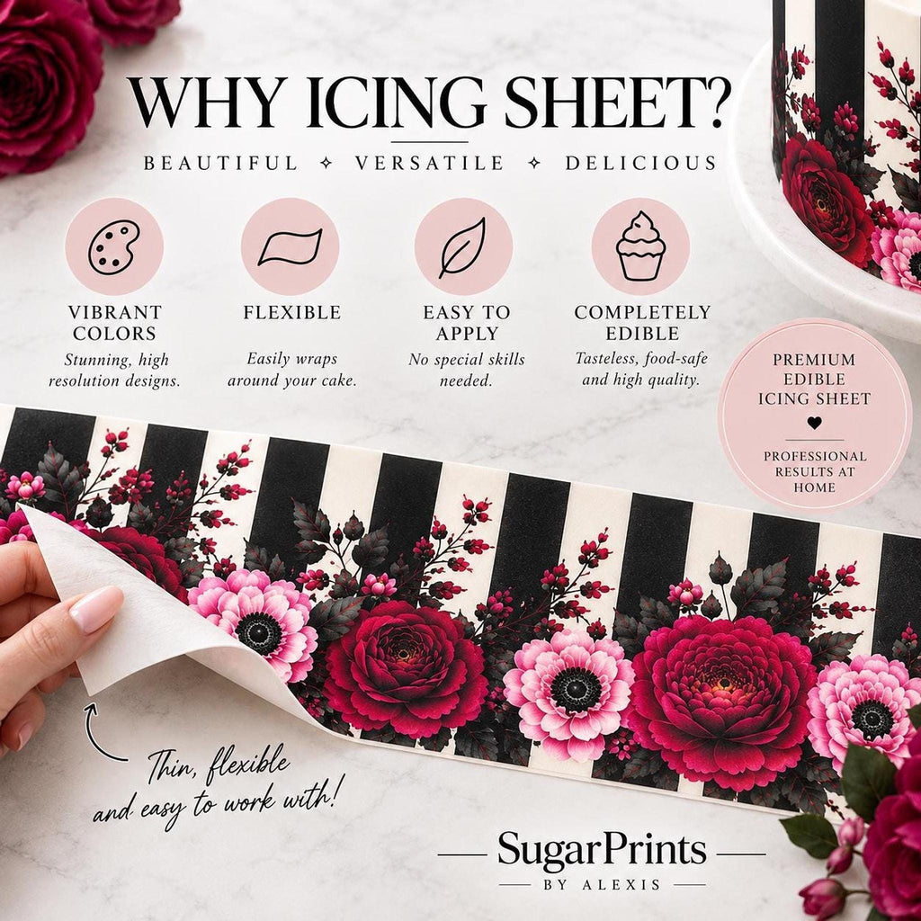 Gothic floral edible cake decor icing sheet wrap by SugarPrints for 6, 8, or 10-inch cakes, featuring detailed gothic floral design.