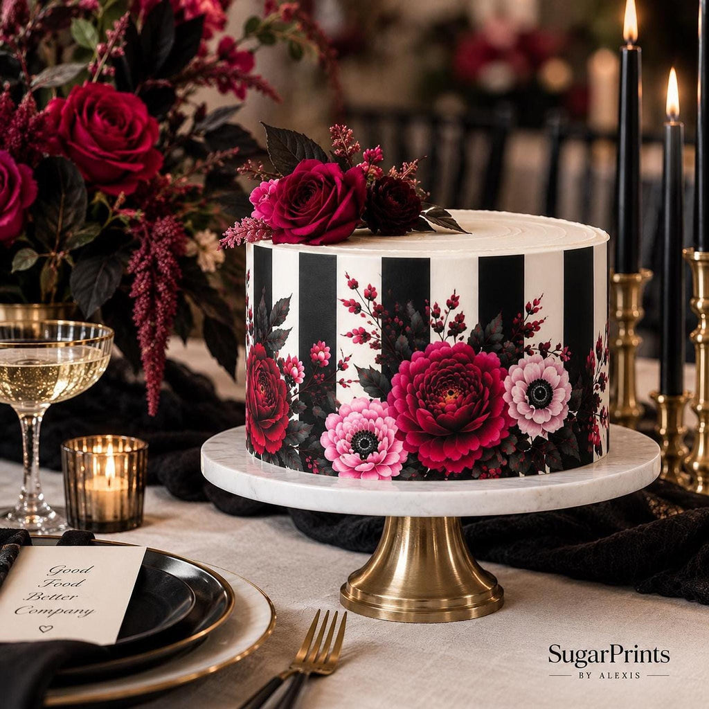 Gothic floral edible cake decor icing sheet wrap by SugarPrints for 6, 8, or 10 inch cakes, featuring detailed floral designs.