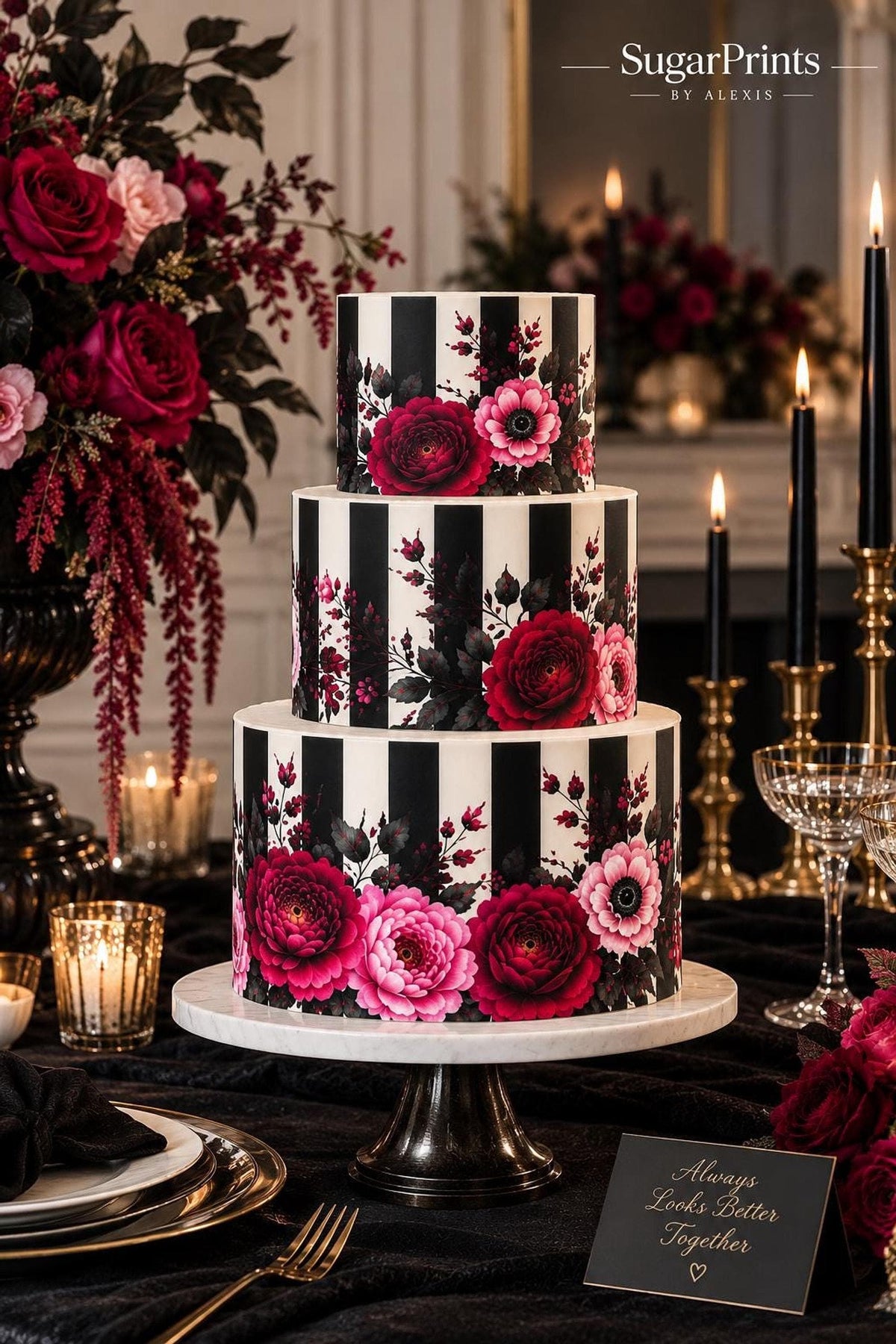 Gothic floral edible cake decor icing sheet wrap by SugarPrints for 6, 8, or 10 inch cakes, featuring intricate gothic floral design.