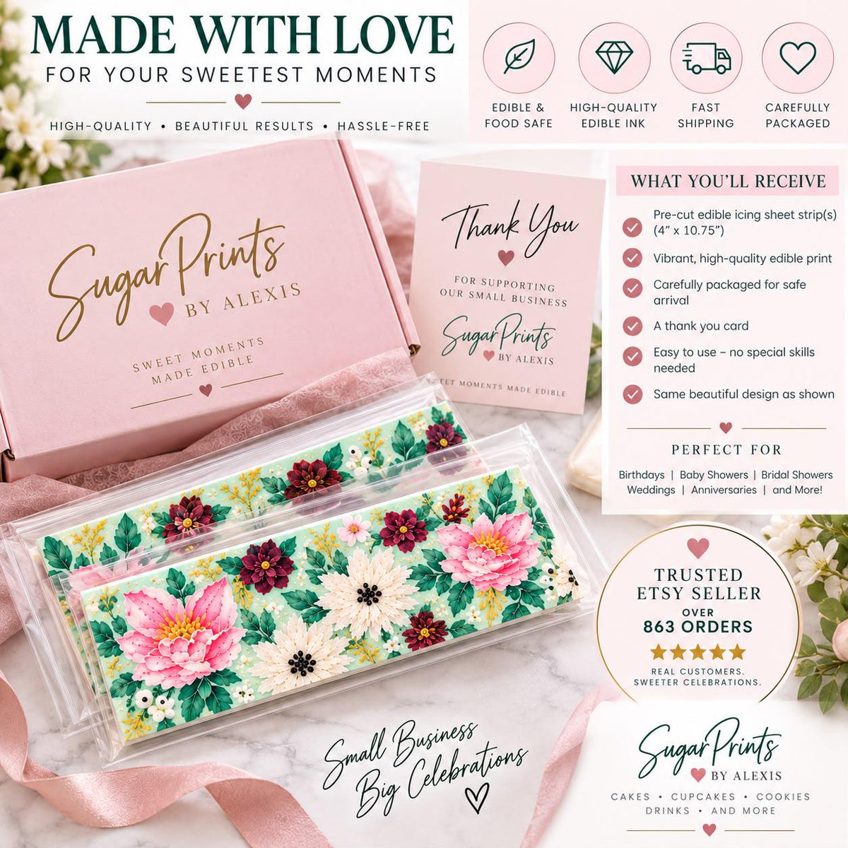 Edible floral cake wrap by SugarPrints, featuring colorful garden flower icing sheet for birthday cake decoration