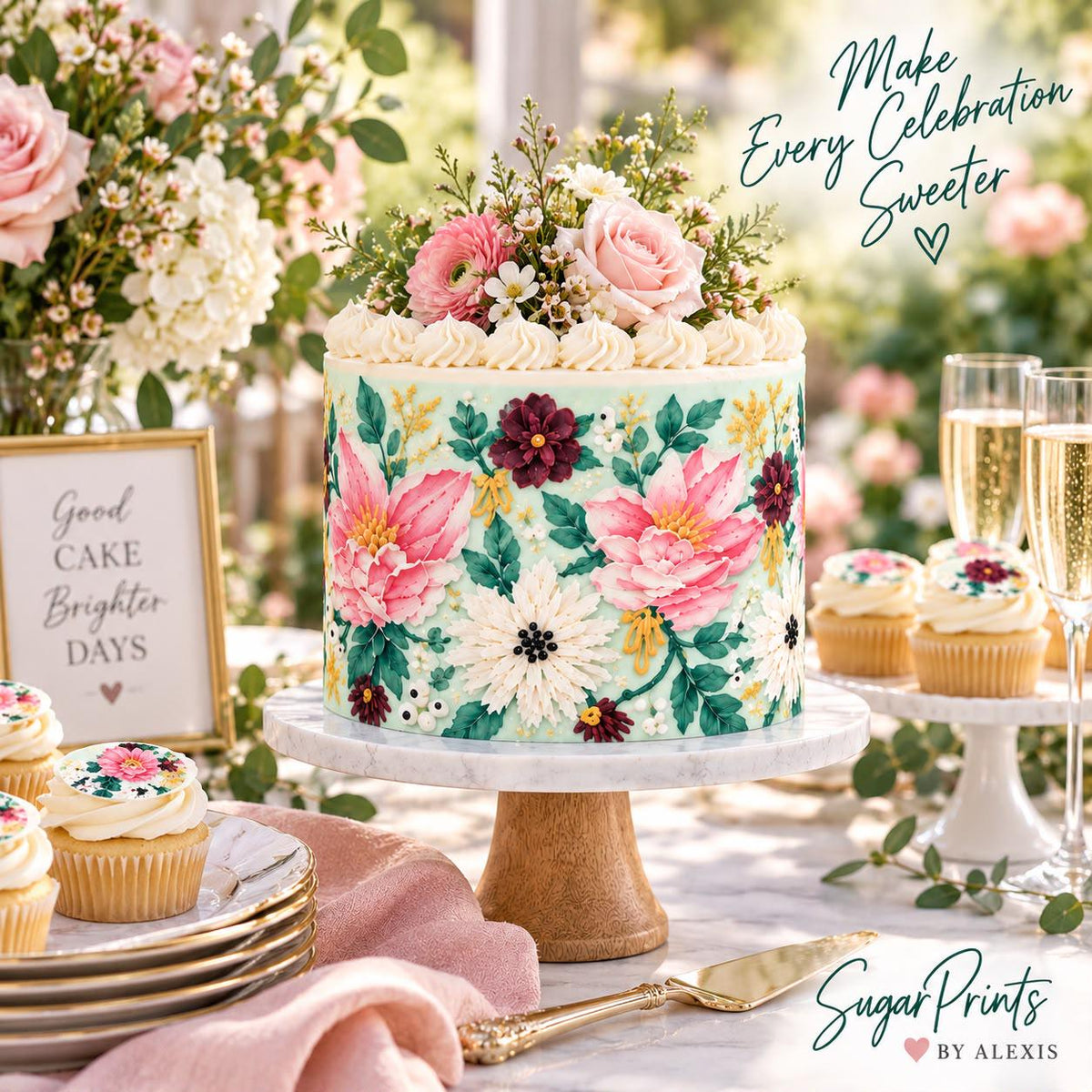 Floral edible cake wrap by SugarPrints featuring colorful garden flower icing design for birthday cake decoration.