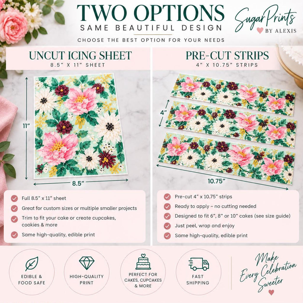 Edible floral cake wrap from SugarPrints by Alexis, featuring colorful flower icing sheet for garden-themed birthday cake decoration.