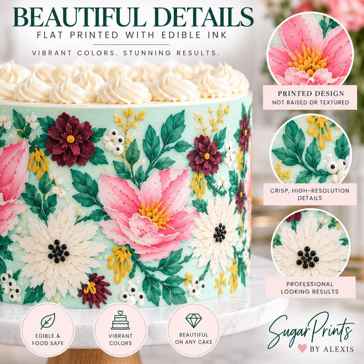 Floral edible cake wrap with colorful flower design, perfect for garden-themed birthday cake decoration by SugarPrints by Alexis