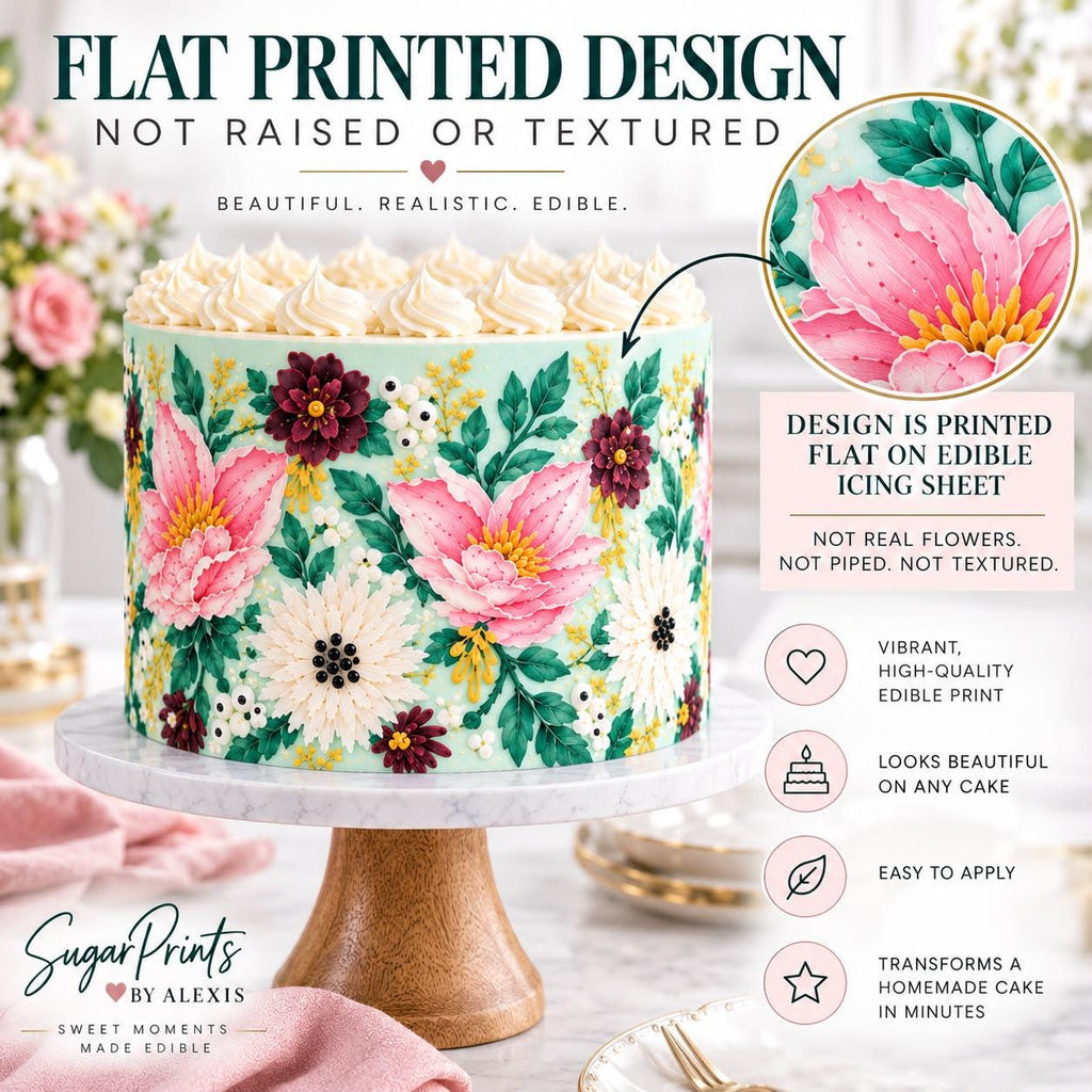 Edible floral cake wrap from SugarPrints by Alexis, featuring colorful flower designs for birthday cake decorating.
