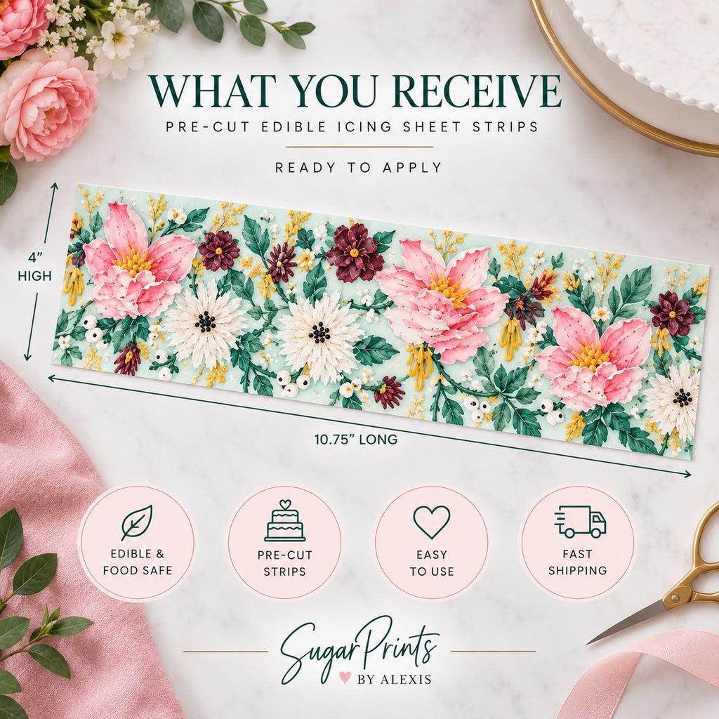 Floral edible cake wrap with colorful flower designs by SugarPrints for garden-themed birthday cake decoration.