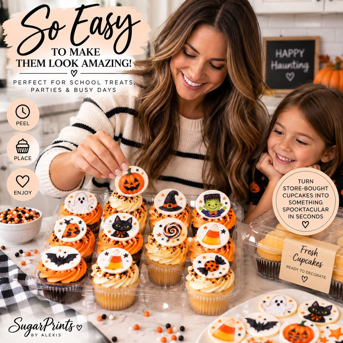 HALLOWEEN Cake Decorating Set: Edible Cupcake TOPPERS & Cake WRAP, Ghost Pumpkin Black Cat Halloween Decor