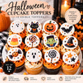 Edible Halloween cupcake toppers featuring 12 colorful 2-inch designs including friendly ghosts, jack-o-lantern pumpkins, black cat, bat, candy corn, Halloween lollipop, witch hat, Frankenstein-inspired character, candy and stars. Pre-cut wafer paper or icing sheet decorations for cupcakes, cookies, brownies, cakes, Halloween parties, birthdays, classroom treats and spooky dessert tables