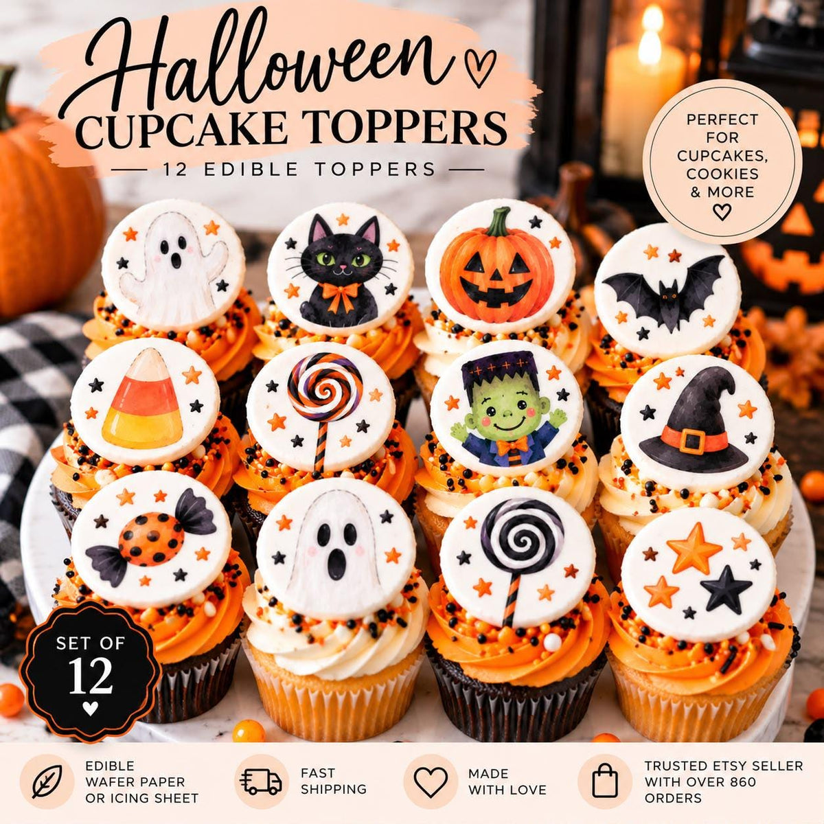 Edible Halloween cupcake toppers featuring 12 colorful 2-inch designs including friendly ghosts, jack-o-lantern pumpkins, black cat, bat, candy corn, Halloween lollipop, witch hat, Frankenstein-inspired character, candy and stars. Pre-cut wafer paper or icing sheet decorations for cupcakes, cookies, brownies, cakes, Halloween parties, birthdays, classroom treats and spooky dessert tables