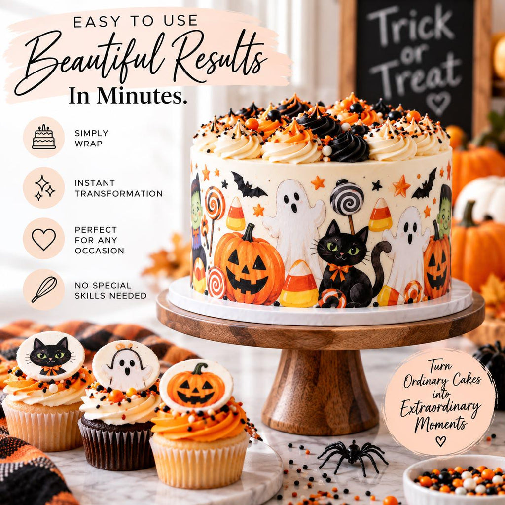 HALLOWEEN Cake Wrap: Edible Icing Sheet, GHOST PUMPKIN Black Cat Cake Border, Spooky Cake Decor